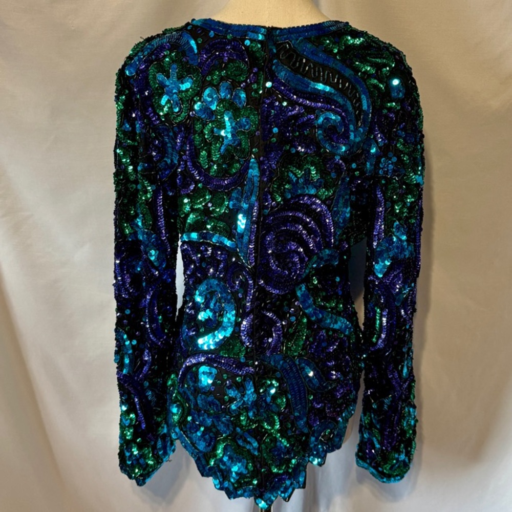(M) Laurence Kazar Blue Green Sequin Embellished Blouse - Picture 2 of 13